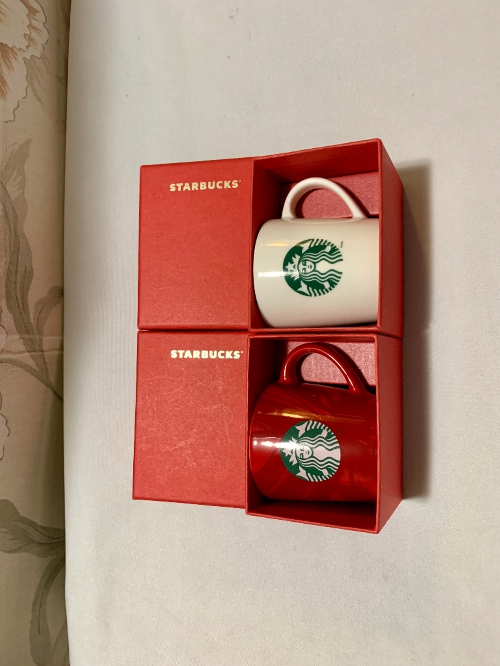 Two (2) Starbucks 2014 Ceramic Espresso Mugs - One (1) Red and One (1) White NIB